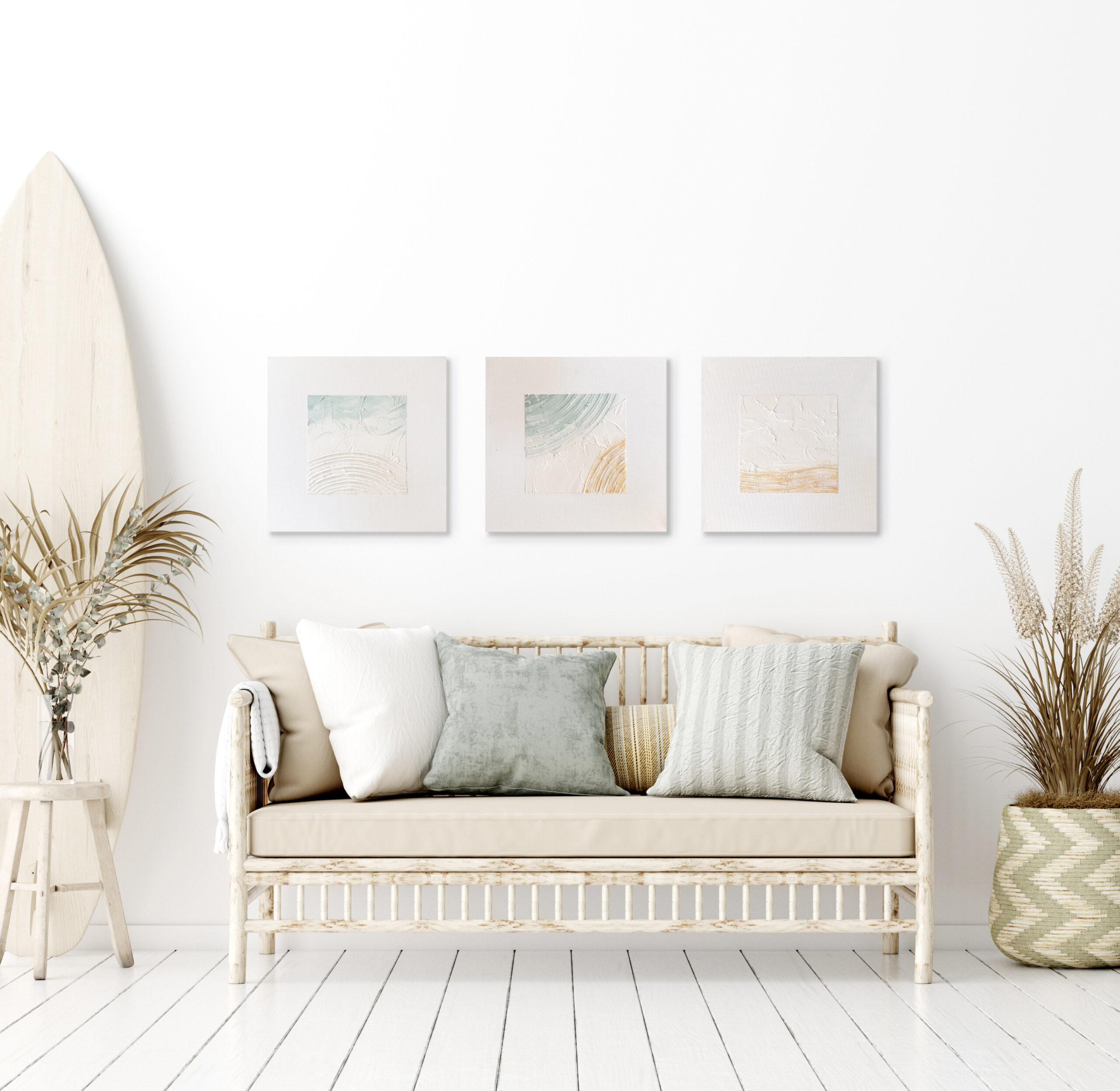 Beach textures canvases above surfer's sofa